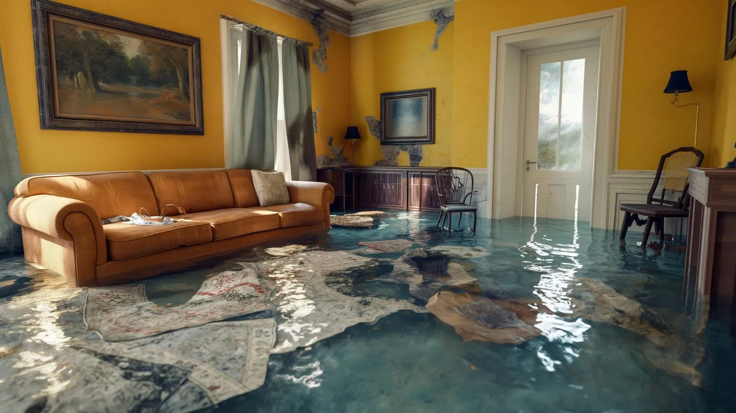 A living room full of knee deep water after a flood