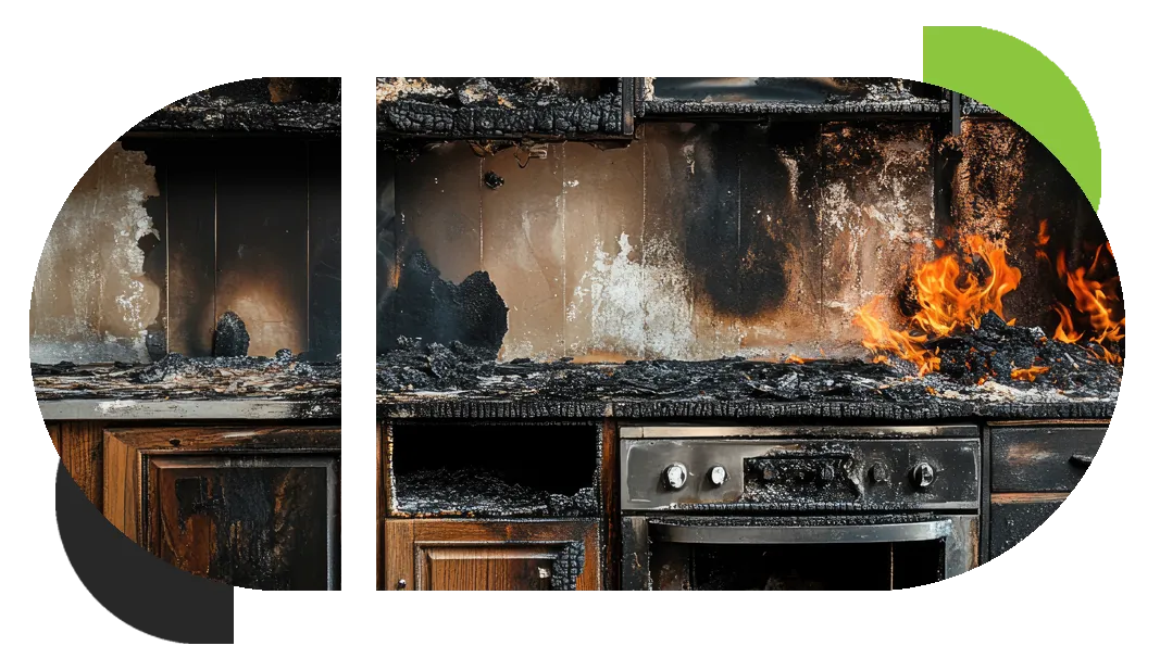 A kitchen full of fire and soot damage needing fire damage restoration