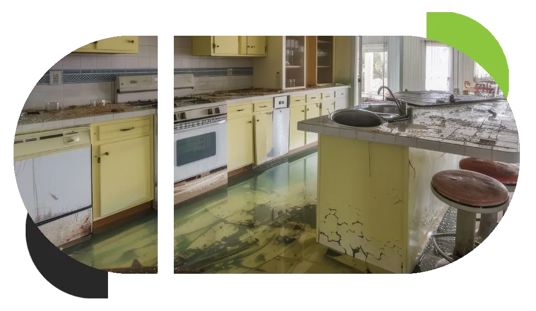 A kitchen is damaged by water overflow