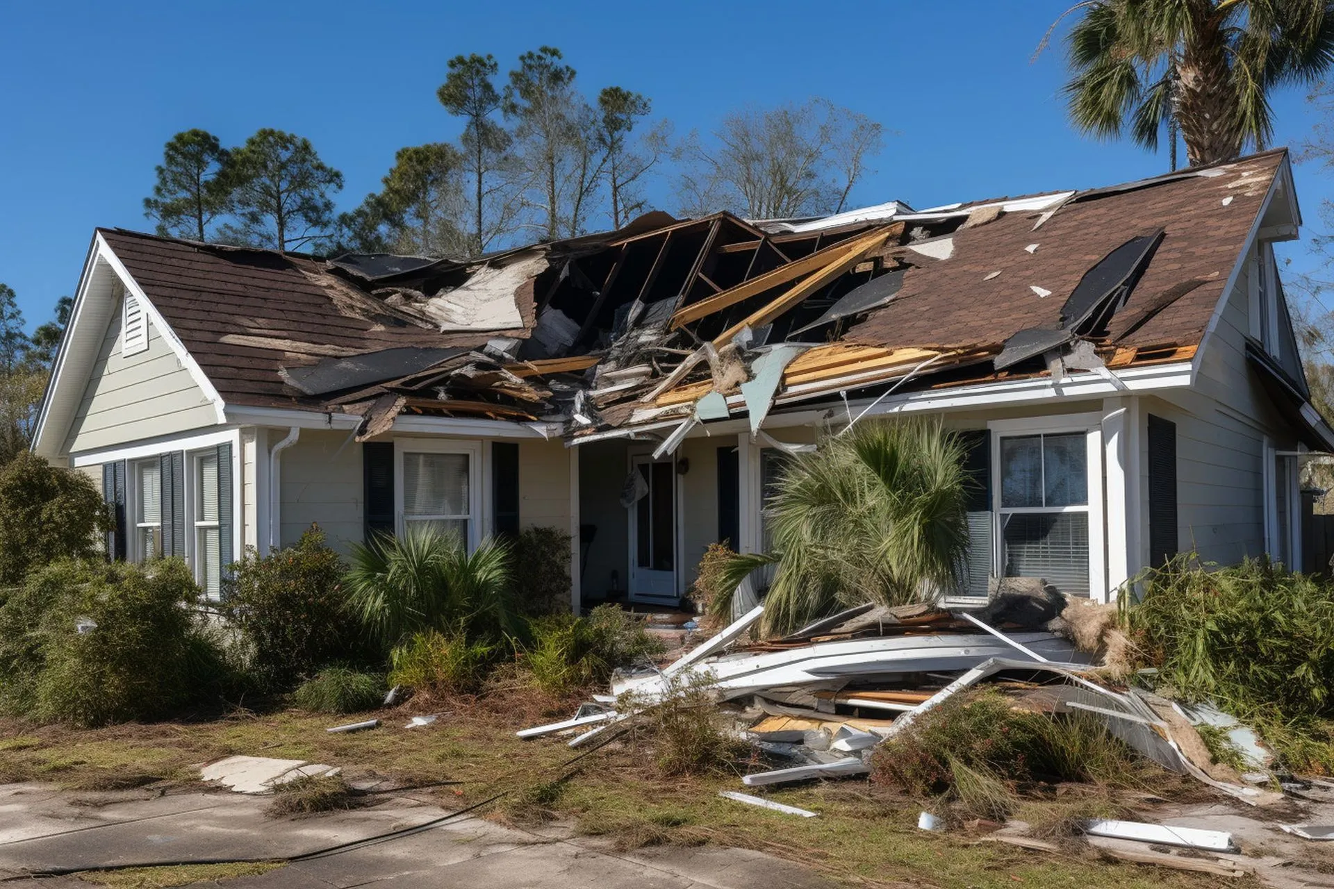 The aftermath of a house after a severe storm went through